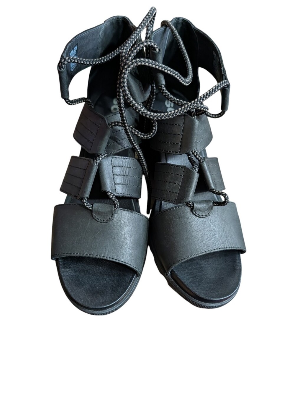 Sorel Joanie Lace Wedge Sandals Black Leather Hidden Wedge Gladiator Size 10.5 - Picture 7 of 10